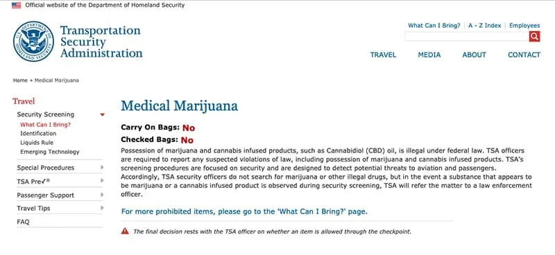 A screenshot of TSA rules for air travel with medical cannabis.