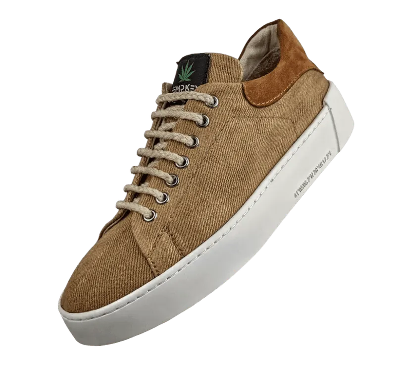 Brown sneaker made from hemp-fiber fabric.