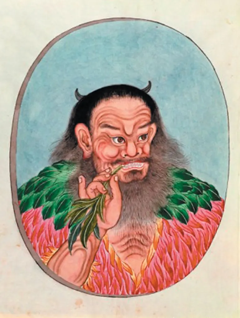A historic portrait of a figure depicted with plant leaves.