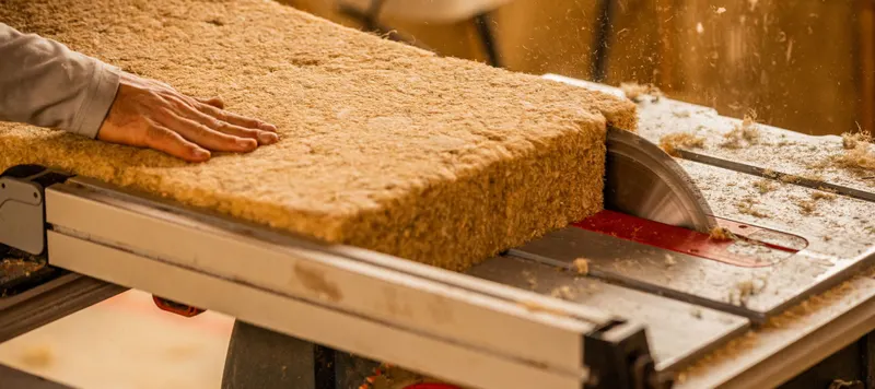 Cutting a hemp fiber insulation board.