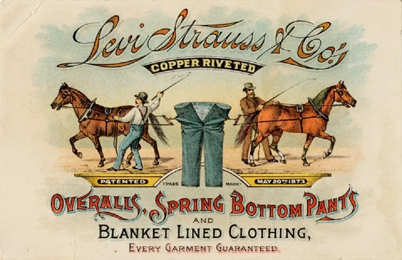 A historic Levi Strauss label showing two horses pulling a pair of trousers.