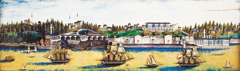 A historical painting depicting ships and a coastal settlement.