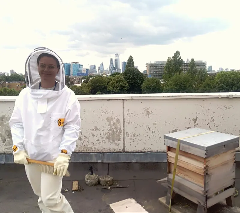 A person in protective clothing beside beehives.