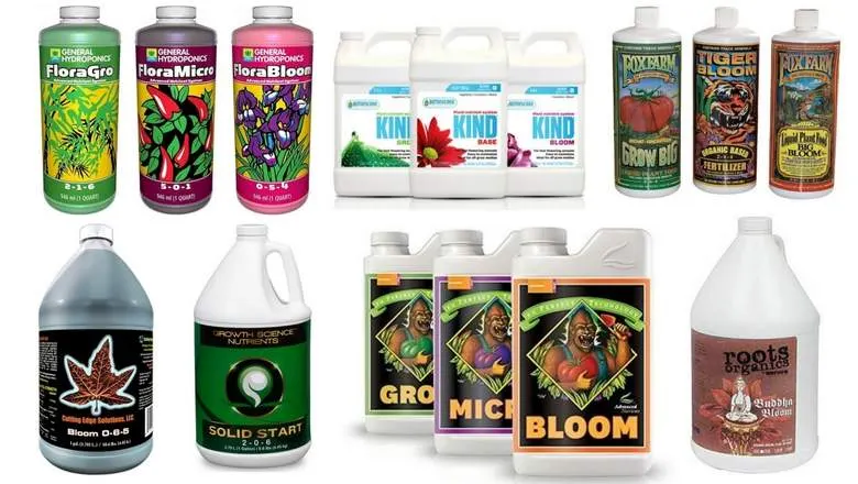 Various bottles of plant nutrition products.